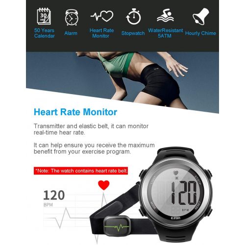  EZON Heart Rate Monitor Digital Sports Watch for Outdoor Running with Chest Strap, Heart Rate Alarm, Stopwatch,Daily Alarm and Calendar