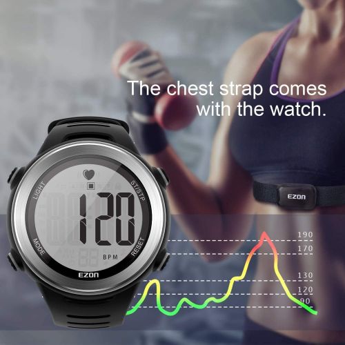  EZON Heart Rate Monitor Digital Sports Watch for Outdoor Running with Chest Strap, Heart Rate Alarm, Stopwatch,Daily Alarm and Calendar