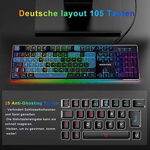  [아마존베스트]EZONTEQ Ergonomic Gaming Keyboard RGB LED Lighting Waterproof Keycaps Design QWERTZ German Layout for Business Gaming