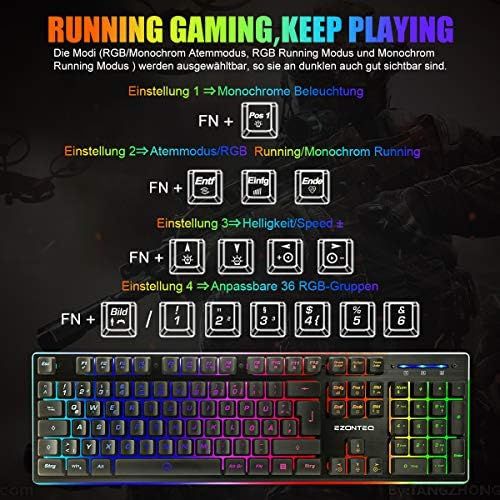  [아마존베스트]EZONTEQ Ergonomic Gaming Keyboard RGB LED Lighting Waterproof Keycaps Design QWERTZ German Layout for Business Gaming