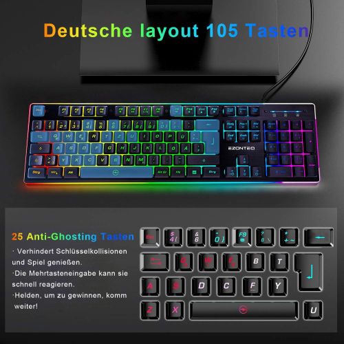  [아마존베스트]EZONTEQ Ergonomic Gaming Keyboard RGB LED Lighting Waterproof Keycaps Design QWERTZ German Layout for Business Gaming