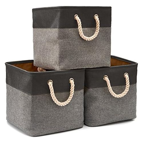  [아마존베스트]EZOWare 3-Pack Collapsible Storage Bins Basket Foldable Canvas Fabric Tweed Storage Cubes Set with Handles for Babies Nursery Toys Organizer (13 x 13 x 13 inches) (Black/Gray)