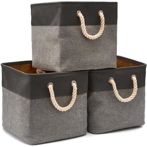  EZOWare 3-Pack Collapsible Storage Bins Basket Foldable Canvas Fabric Tweed Storage Cubes Set with Handles for Babies Nursery Toys Organizer (13 x 13 x 13 inches) (Black/Gray)