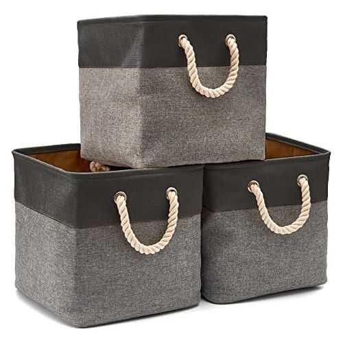  EZOWare 3-Pack Collapsible Storage Bins Basket Foldable Canvas Fabric Tweed Storage Cubes Set with Handles for Babies Nursery Toys Organizer (13 x 13 x 13 inches) (Black/Gray)