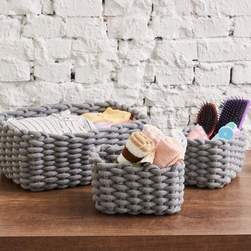  EZOWare Set of 3 Decorative Woven Cotton Rope Baskets and Storage Organizer, Perfect for Storing Small Household Items (Gray)