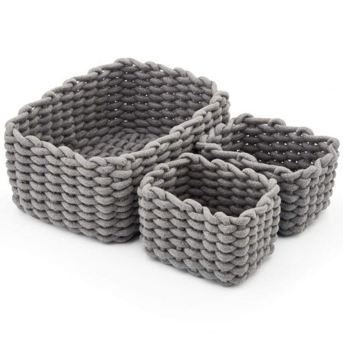  EZOWare Set of 3 Decorative Woven Cotton Rope Baskets and Storage Organizer, Perfect for Storing Small Household Items (Gray)