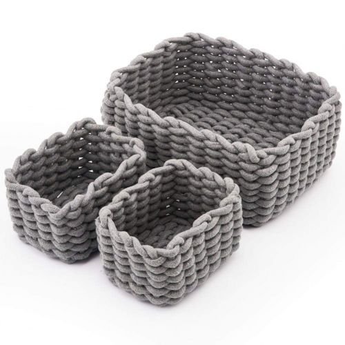  EZOWare Set of 3 Decorative Woven Cotton Rope Baskets and Storage Organizer, Perfect for Storing Small Household Items (Gray)
