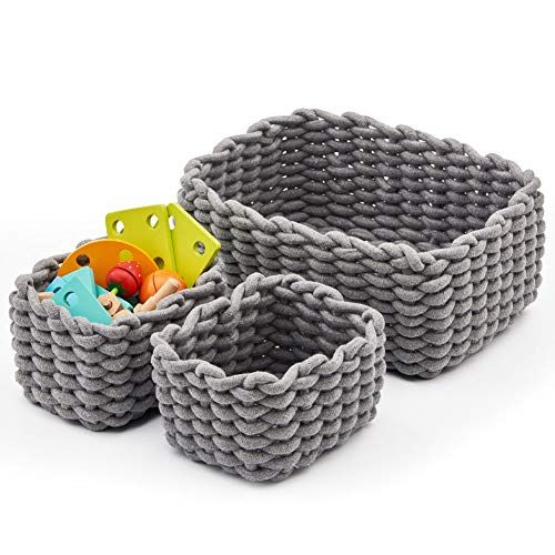  EZOWare Set of 3 Decorative Woven Cotton Rope Baskets and Storage Organizer, Perfect for Storing Small Household Items (Gray)