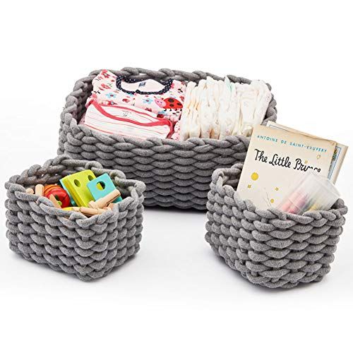  EZOWare Set of 3 Decorative Woven Cotton Rope Baskets and Storage Organizer, Perfect for Storing Small Household Items (Gray)