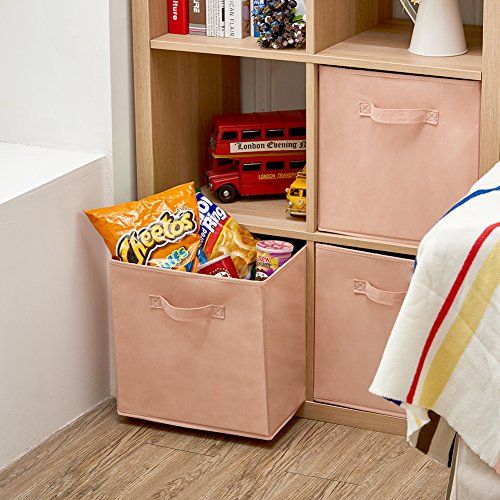  EZOWare Set of 4 Foldable Fabric Basket Bin, Collapsible Storage Cube Boxes for Nursery Toys (13 x 15 x 13 inches) (Pink)