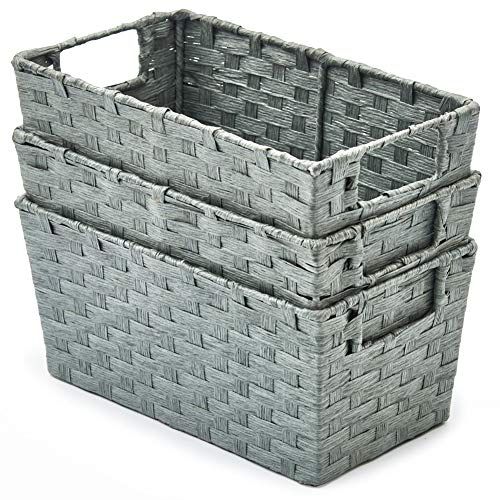  EZOWare Pack of 3 Paper Rope Woven Storage Baskets, Multipurpose Organizer Bins with Handles Perfect for Storing Small Household Item - Gray