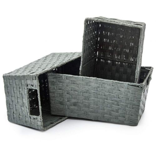  EZOWare Pack of 3 Paper Rope Woven Storage Baskets, Multipurpose Organizer Bins with Handles Perfect for Storing Small Household Item - Gray