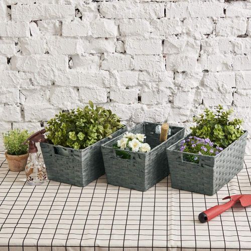  EZOWare Pack of 3 Paper Rope Woven Storage Baskets, Multipurpose Organizer Bins with Handles Perfect for Storing Small Household Item - Gray