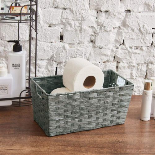  EZOWare Pack of 3 Paper Rope Woven Storage Baskets, Multipurpose Organizer Bins with Handles Perfect for Storing Small Household Item - Gray