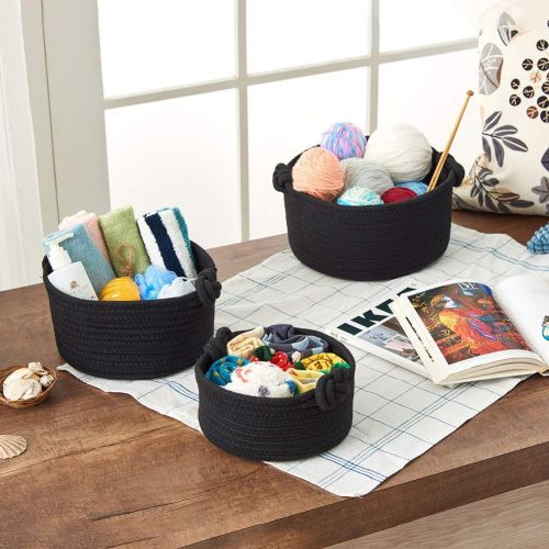  EZOWare Set of 3 Decorative Soft Knit Baskets Bins Storage Organizer, Perfect for Storing Small Household Items - Black