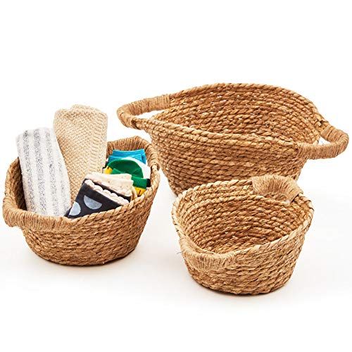  EZOWare Natural Handwoven Seagrass Rustic Round Nesting Wicker Shelf Baskets with Handles - Set of 3