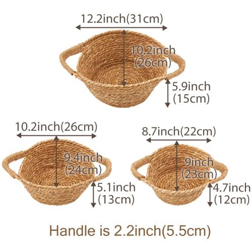  EZOWare Natural Handwoven Seagrass Rustic Round Nesting Wicker Shelf Baskets with Handles - Set of 3