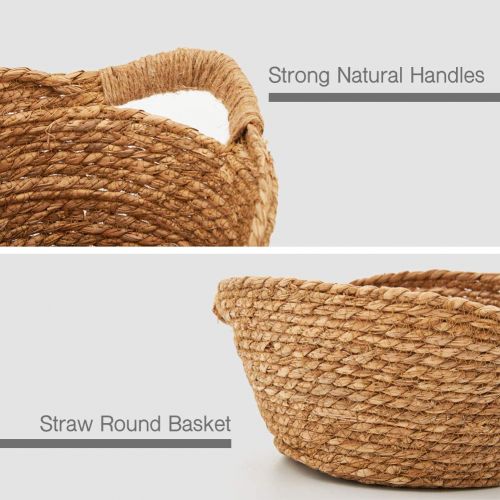  EZOWare Natural Handwoven Seagrass Rustic Round Nesting Wicker Shelf Baskets with Handles - Set of 3