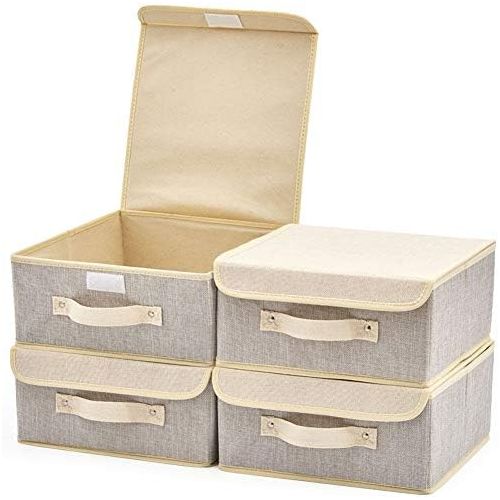  EZOWare 4-Pack Small Fabric Storage Basket Bin with Lid, Collapsible Storage Box Cube Organizer Container for Nursery, Closet, Bedroom - 10.5 x 10.5 x 5 inches, (Gray & Beige)