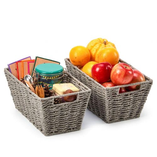  EZOWare Pack of 3 Paper Rope Woven Storage Baskets, Braided Multipurpose Organizer Bins with Handles Perfect for Storing Small Household Items - Gray