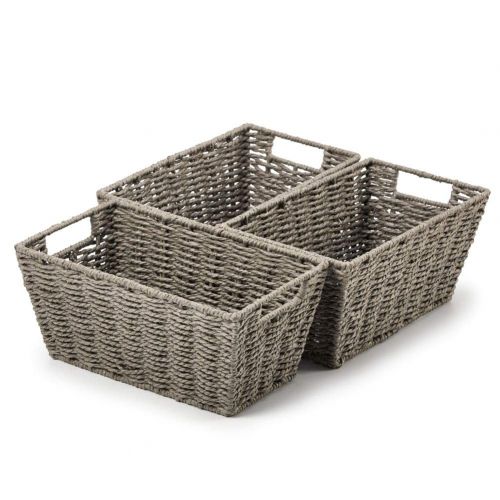  EZOWare Pack of 3 Paper Rope Woven Storage Baskets, Braided Multipurpose Organizer Bins with Handles Perfect for Storing Small Household Items - Gray