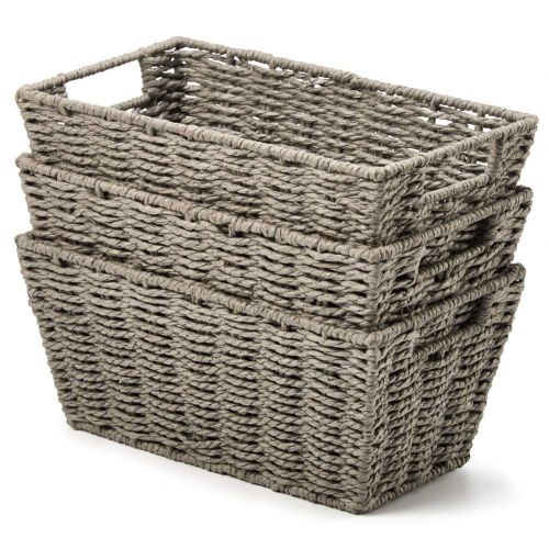  EZOWare Pack of 3 Paper Rope Woven Storage Baskets, Braided Multipurpose Organizer Bins with Handles Perfect for Storing Small Household Items - Gray