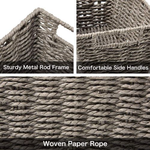  EZOWare Pack of 3 Paper Rope Woven Storage Baskets, Braided Multipurpose Organizer Bins with Handles Perfect for Storing Small Household Items - Gray