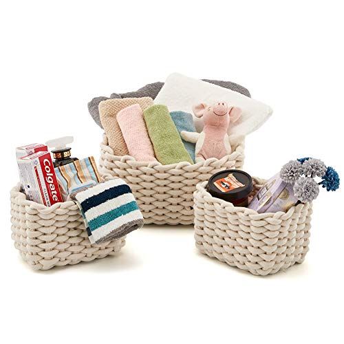  EZOWare Set of 3 Decorative Woven Cotton Rope Baskets and Storage Organizer, Perfect for Storing Small Household Items (White)