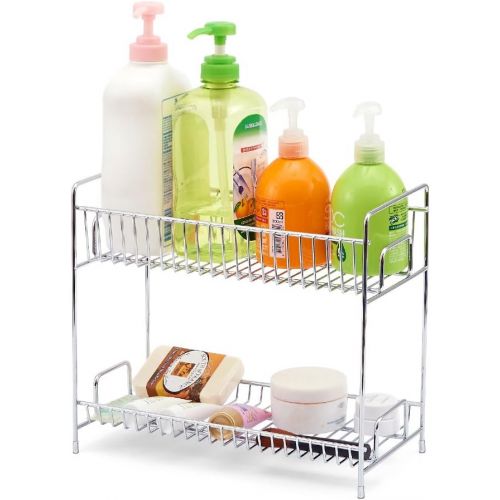  EZOWare 2-Tier Standing Spice Seasoning Rack, Jars Bottles Cans Storage Organizer Holder Shelf for Kitchen Pantry Bathroom Countertop - Chrome