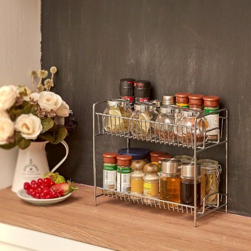  EZOWare 2-Tier Standing Spice Seasoning Rack, Jars Bottles Cans Storage Organizer Holder Shelf for Kitchen Pantry Bathroom Countertop - Chrome