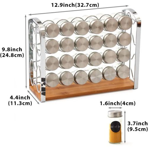  EZOWare 4 Tier Spice Herb Organizer Rack Stand Holder with 24 Empty Glass Bottles Jar + Metal Lid and Blank Chalkboard Label Set for Countertops, Cabinets, Kitchen, Pantry - Silver