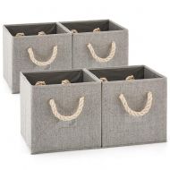 Set of 4 EZOWare Foldable Bamboo Fabric Storage Bin with Cotton Rope Handle, Collapsible Resistant...