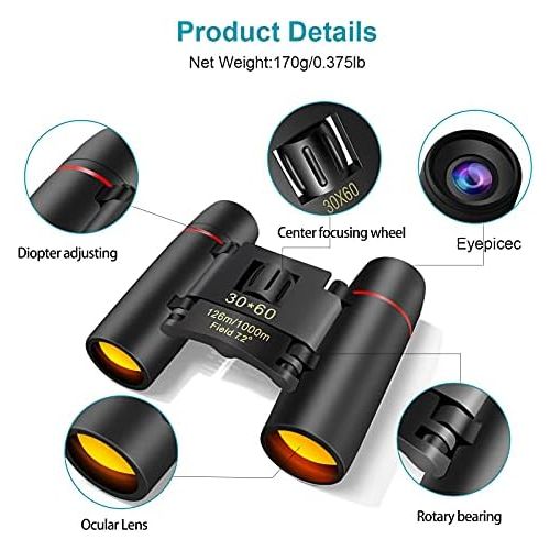  [아마존베스트]Eaaerr Compact binoculars, 30 x 60 folding telescope with night vision in low light conditions for adults and children, perfect for bird watching, outdoor hunting, hiking, concerts