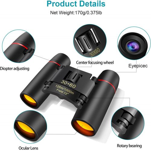  [아마존베스트]Eaaerr Compact binoculars, 30 x 60 folding telescope with night vision in low light conditions for adults and children, perfect for bird watching, outdoor hunting, hiking, concerts