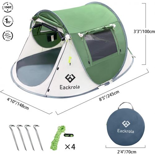  Eackrola 2/4-Person-Tent, Instant Pop up Tent for Camping, Easy Setup Beach Tent Sun Shelter - Ventilated Mesh Windows, Water Resistant, Carry Bag Included