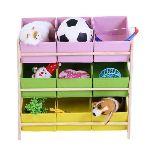  Eak98shop eak98shop Large Kids Children Book Toy Storage Box 9 Bin Wood Shelf Rack Bookcase Bedroom Playroom Nursery Organizer Case