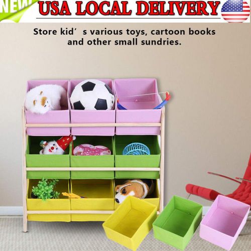  Eak98shop eak98shop Large Kids Children Book Toy Storage Box 9 Bin Wood Shelf Rack Bookcase Bedroom Playroom Nursery Organizer Case