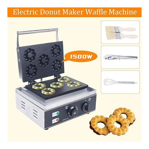  Electric Mini Donut Maker Machine Nonstick Commercial Doughnut Baker Maker Home Baker Machine Stainless Steel Makes 5 Blossom-shaped Doughnuts Countertop Mini-pie and Quiche, Waffle Maker 1500W