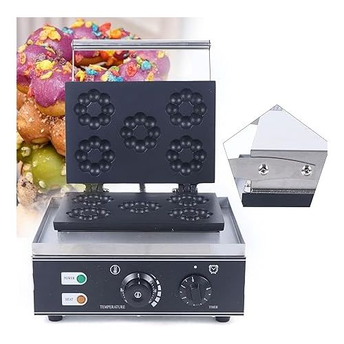  Electric Mini Donut Maker Machine Nonstick Commercial Doughnut Baker Maker Home Baker Machine Stainless Steel Makes 5 Blossom-shaped Doughnuts Countertop Mini-pie and Quiche, Waffle Maker 1500W