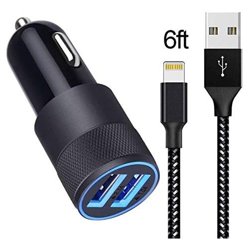  [아마존베스트]Earldom Car Charger Compatible with iPhone XR/XS MAX/X / 8/8 Plus / 7/6 / 6s Plus 5S 5 5C SE,iPad,iPad Mini and More, 3.1A Dual Port USB Car Charger Adapter with 6ft Nylon Braided Charging