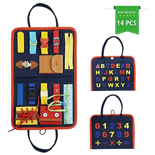  [아마존베스트]Earsam Busy Board for Toddlers Age 1 - 6, Montessori Early Education Activity Toddler Toys for Basic Skills Learning,Dress and Alphabet Spell Cognition, Bag Designed Enlighten Toy for Inf