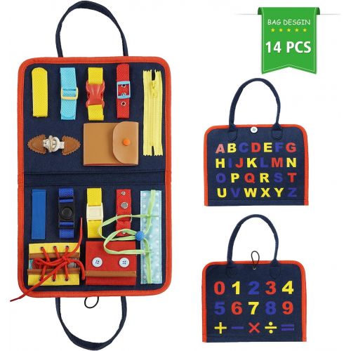  [아마존베스트]Earsam Busy Board for Toddlers Age 1 - 6, Montessori Early Education Activity Toddler Toys for Basic Skills Learning,Dress and Alphabet Spell Cognition, Bag Designed Enlighten Toy for Inf