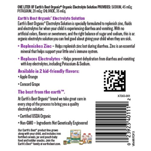  Earths Best Organic Electrolyte Solution, Concord Grape, 1 Liter (Pack of 4)