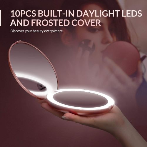  Easehold Travel Makeup Mirror,1X/10X Folding Magnifying Makeup Handheld Mirror with Lights, Led Lighted Makeup Vanity Magnifying Mirror, Rose Gold