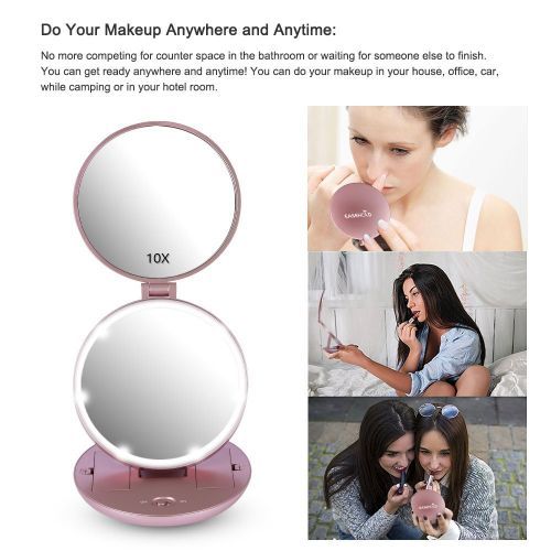  Easehold Travel Makeup Mirror,1X/10X Folding Magnifying Makeup Handheld Mirror with Lights, Led Lighted Makeup Vanity Magnifying Mirror, Rose Gold
