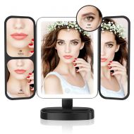 Easehold Led Lighted Vanity Mirror Make Up Tri-Fold with 38Pcs Lights Ultra-Thin 2x/5x/10x Magnifying 180 Degree Free Rotation Table Countertop Cosmetic Bathroom Mirror(Black)