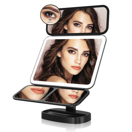  Easehold Led Lighted Vanity Mirror Make Up Tri-Fold with 38Pcs Lights Ultra-Thin 2x/5x/10x Magnifying 180 Degree Free Rotation Table Countertop Cosmetic Bathroom Mirror(Black)