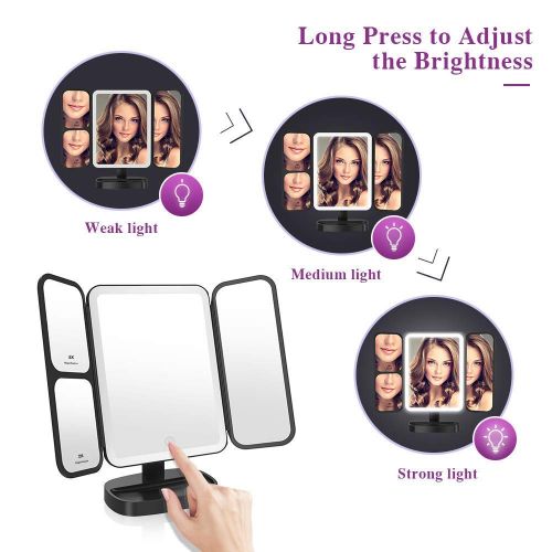  Easehold Led Lighted Vanity Mirror Make Up Tri-Fold with 38Pcs Lights Ultra-Thin 2x/5x/10x Magnifying 180 Degree Free Rotation Table Countertop Cosmetic Bathroom Mirror(Black)