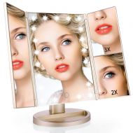 Easehold Vanity Makeup 2X 3X Magnifiers 21 LED Lights Tri-Fold 180 Degree Adjustable Countertop Cosmetic Bathroom Mirror Gold
