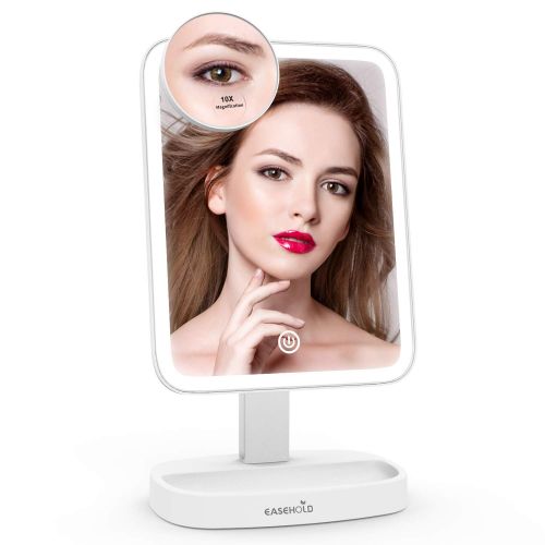  Easehold Lighted Vanity Mirror LED Make Up Mirror Table 10.7 In with 37 LED Lights Detachable 10X Magnifying Spot Mirror Stepless Dimming 180 Degree Rotation Countertop Cosmetic Ba